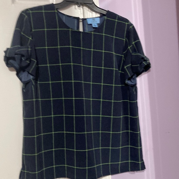 CeCe Navy/green checkered short sleeve blouse with bows at sleeves - Picture 1 of 3